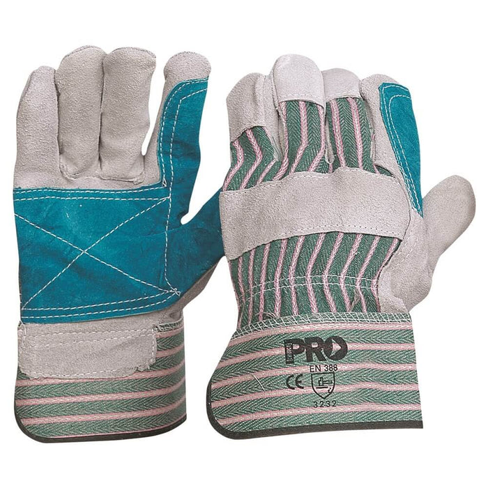 Green & Grey Striped Cotton / Leather Gloves